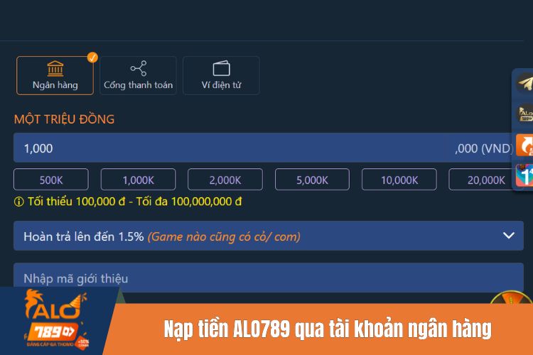 Nạp tiền ALO789 qua tài khoản ngân hàng