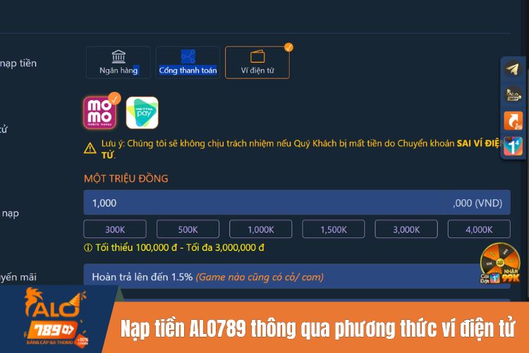 Nạp tiền ALO789 thông qua phương thức ví điện tử